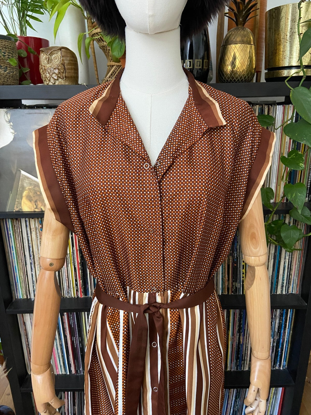 Vintage 1980s Brown Geometric Print Shirt Dress