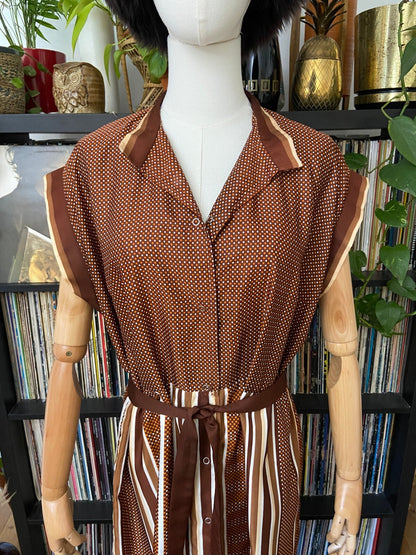 Vintage 1980s Brown Geometric Print Shirt Dress