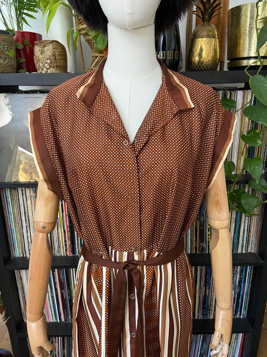 Vintage 1980s Brown Geometric Print Shirt Dress