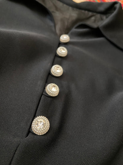 Vintage 1970s Black & Silver Embroidered Dagger Collar Dress
