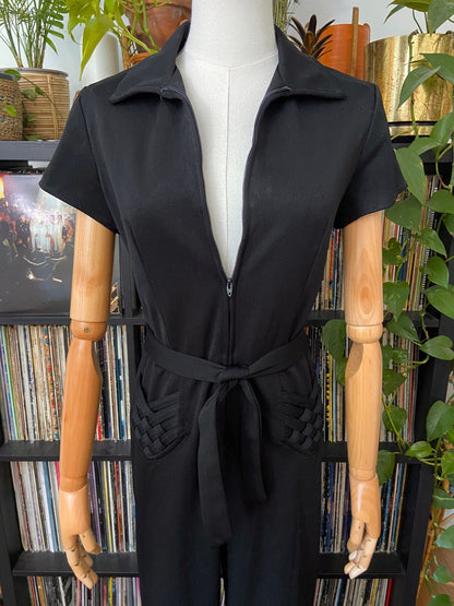 Vintage 1970s Black Plait Pocket Flared Jumpsuit
