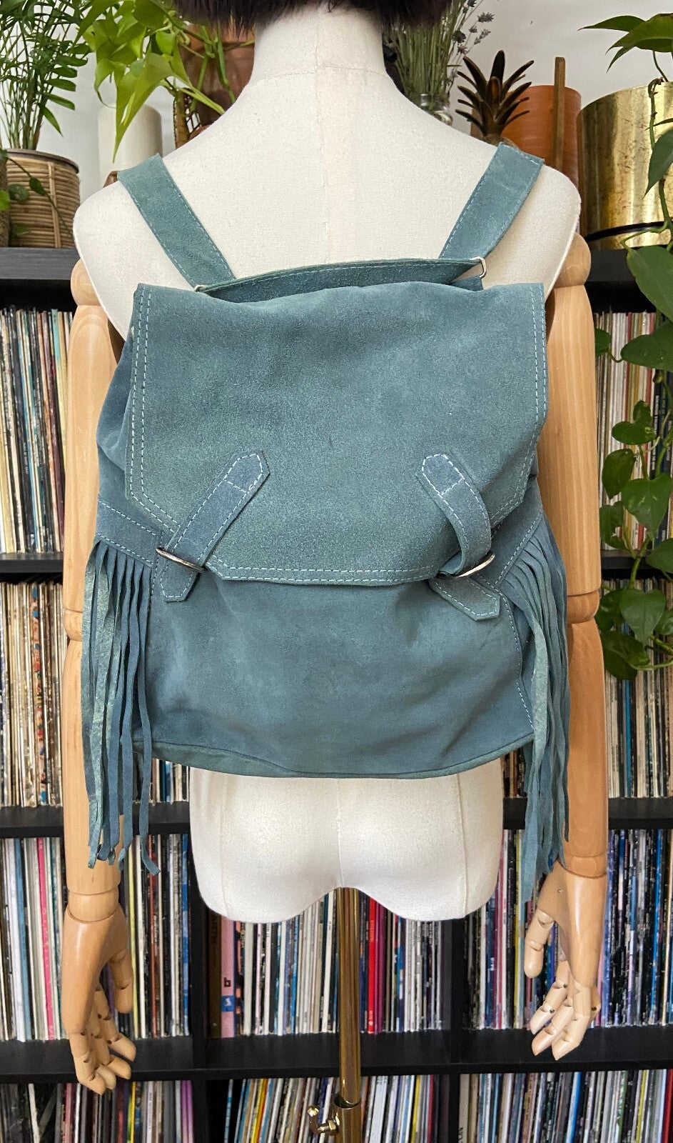 Sabrina Tach Dusty Blue Suede Fringed Backpack