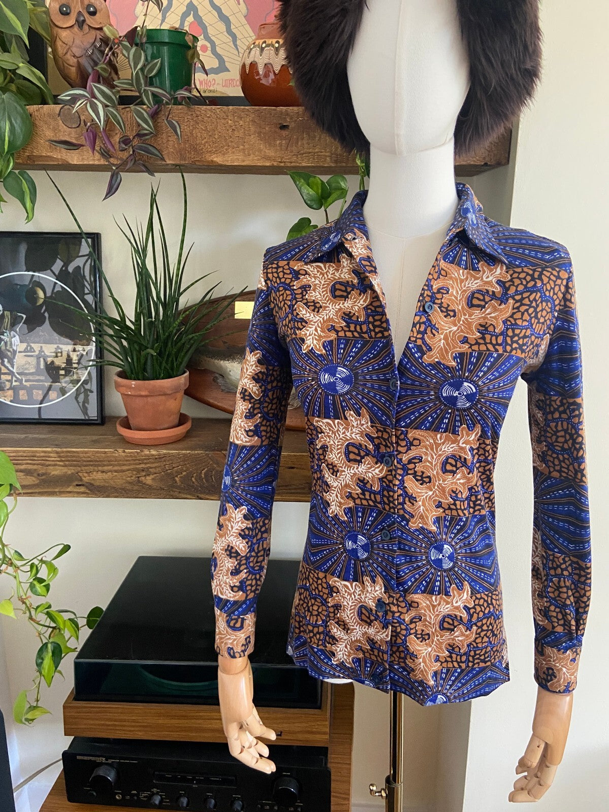 Vintage 1970s Blue & Brown Dagger Collar Shirt