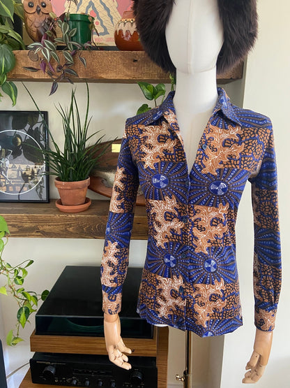 Vintage 1970s Blue & Brown Dagger Collar Shirt
