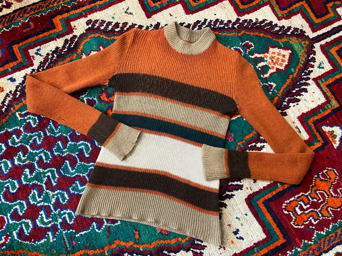 Vintage 1970s Rust Striped Ribbed Jumper