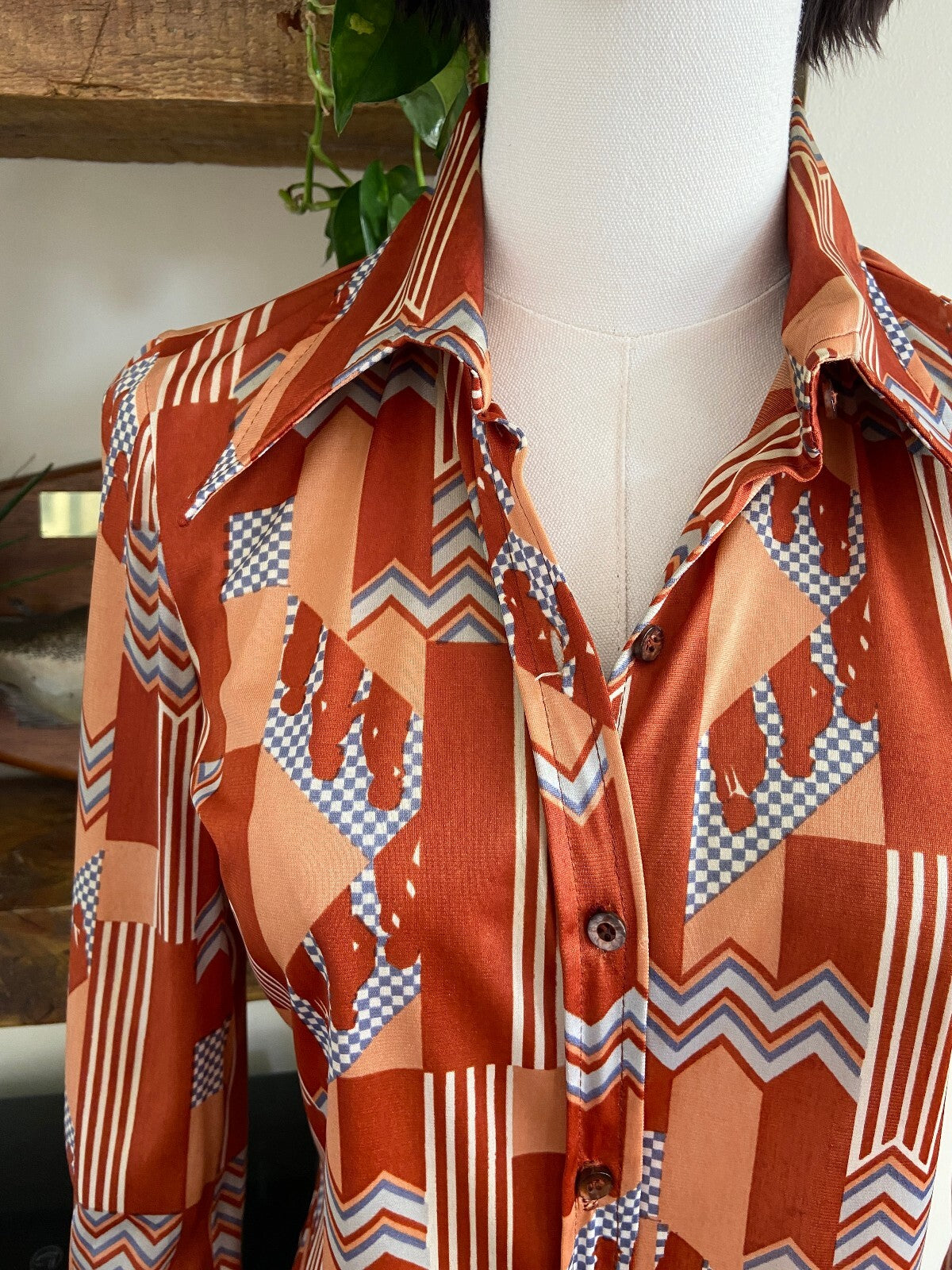 Vintage 1970s Brown Geometric Print Shirt
