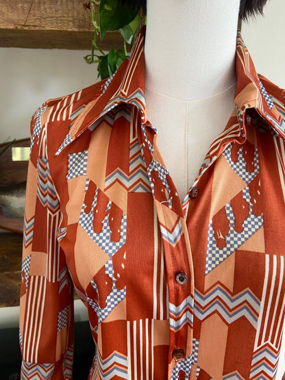 Vintage 1970s Brown Geometric Print Shirt