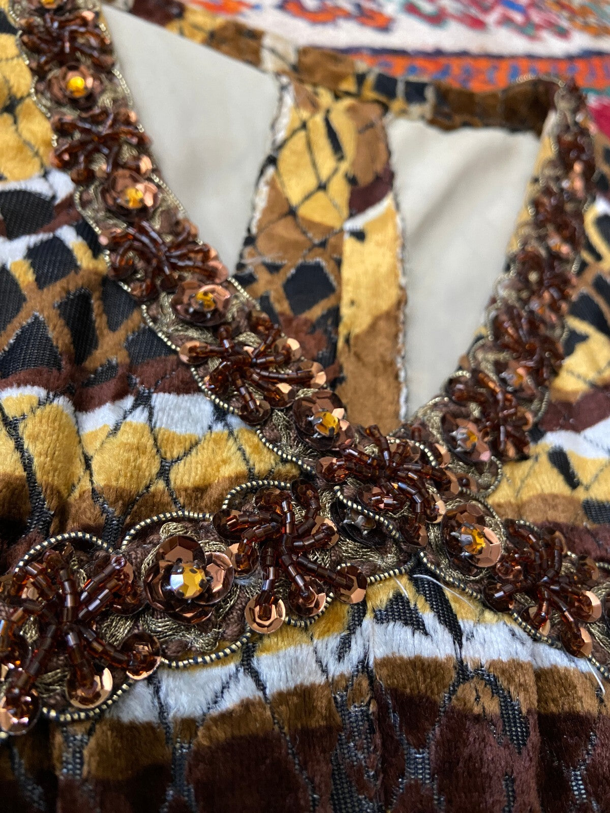 Vintage 1970s Brown & Mustard Velvet Sequin Trim Dress