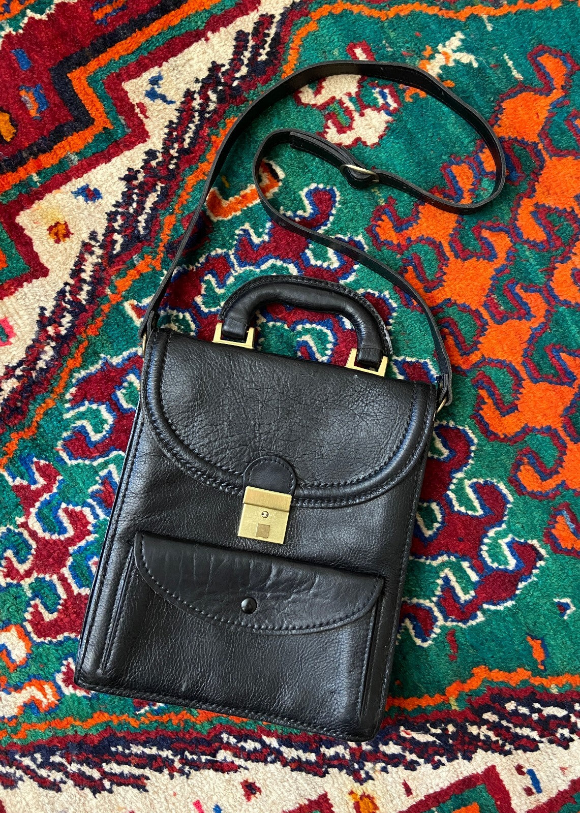 Vintage 1970s Black Leather Satchel Bag