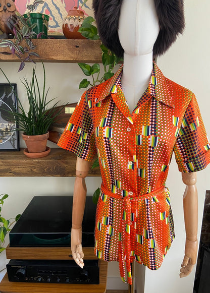Vintage 1970s Orange Retro Print Belted Shirt