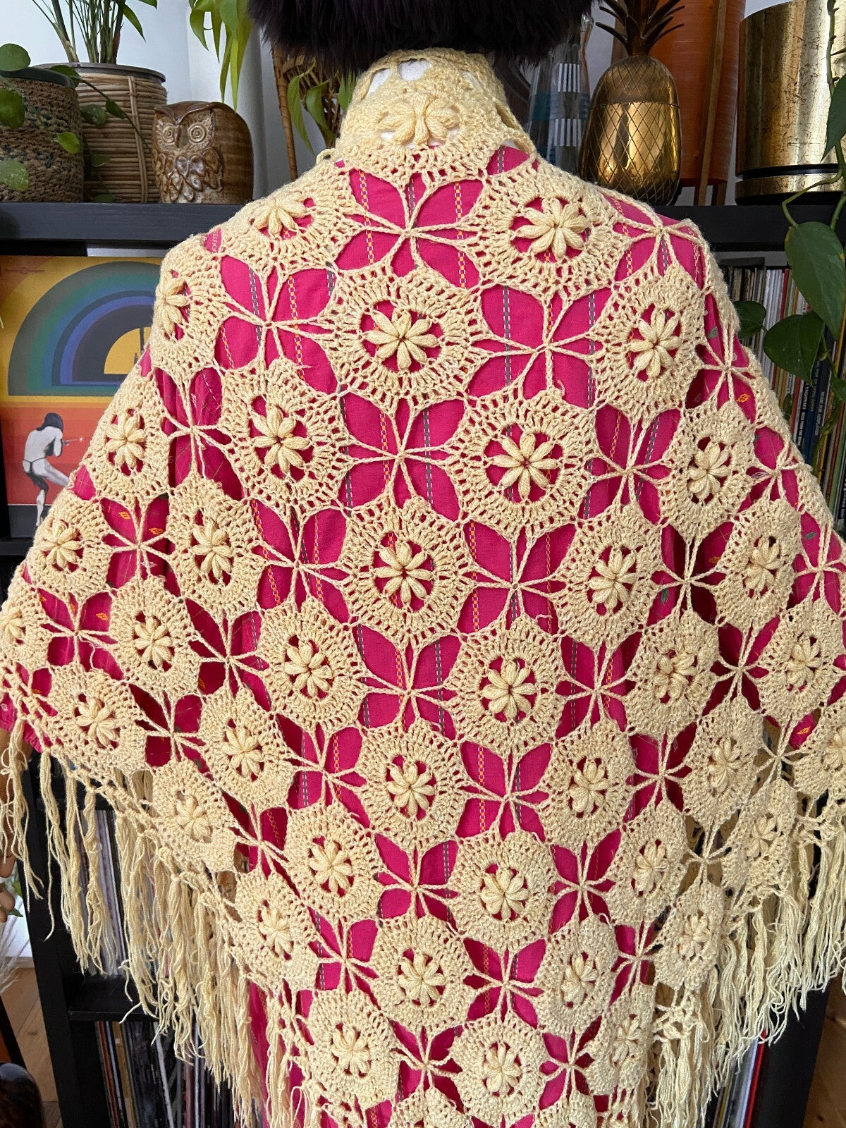 Vintage Yellow Crochet Triangle Shawl