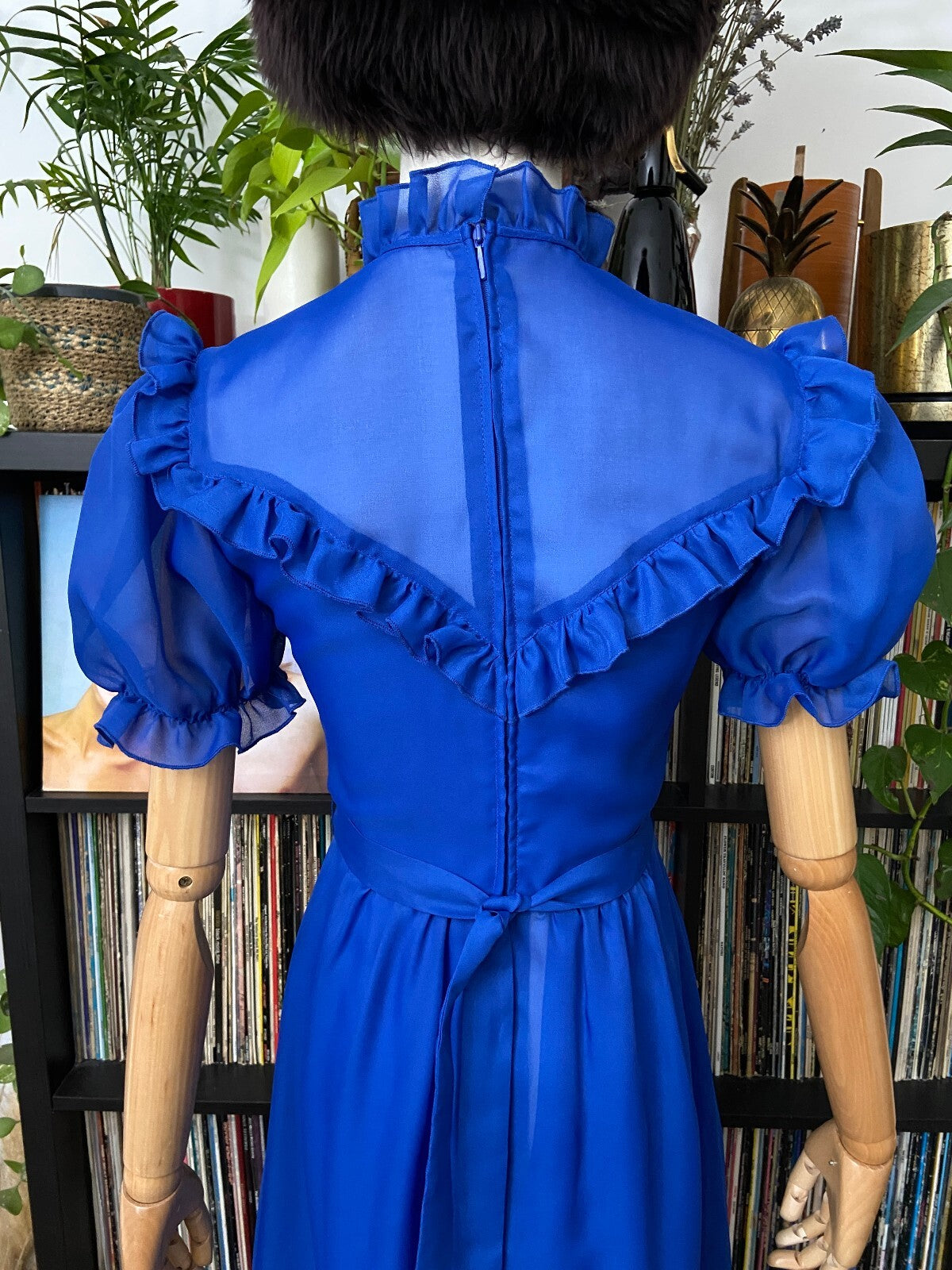 Vintage 1970s Blue Flower Sash Prairie Dress