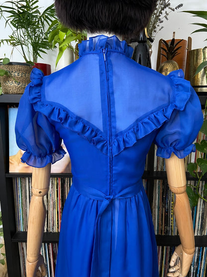 Vintage 1970s Blue Flower Sash Prairie Dress
