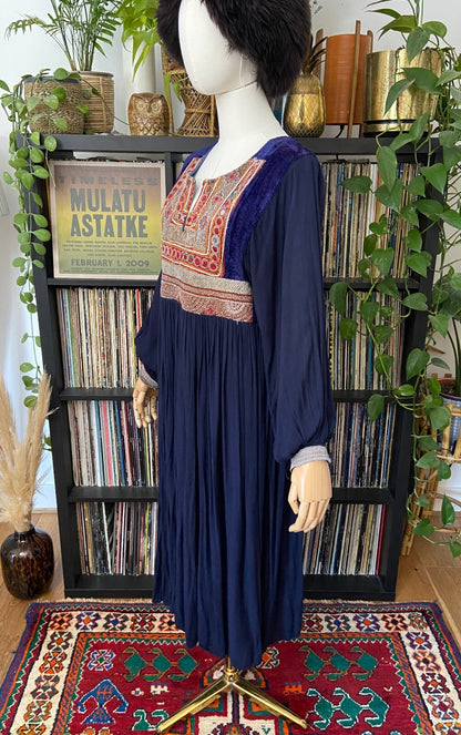 Vintage 1970s Navy Velvet & Gold Afghan Dress