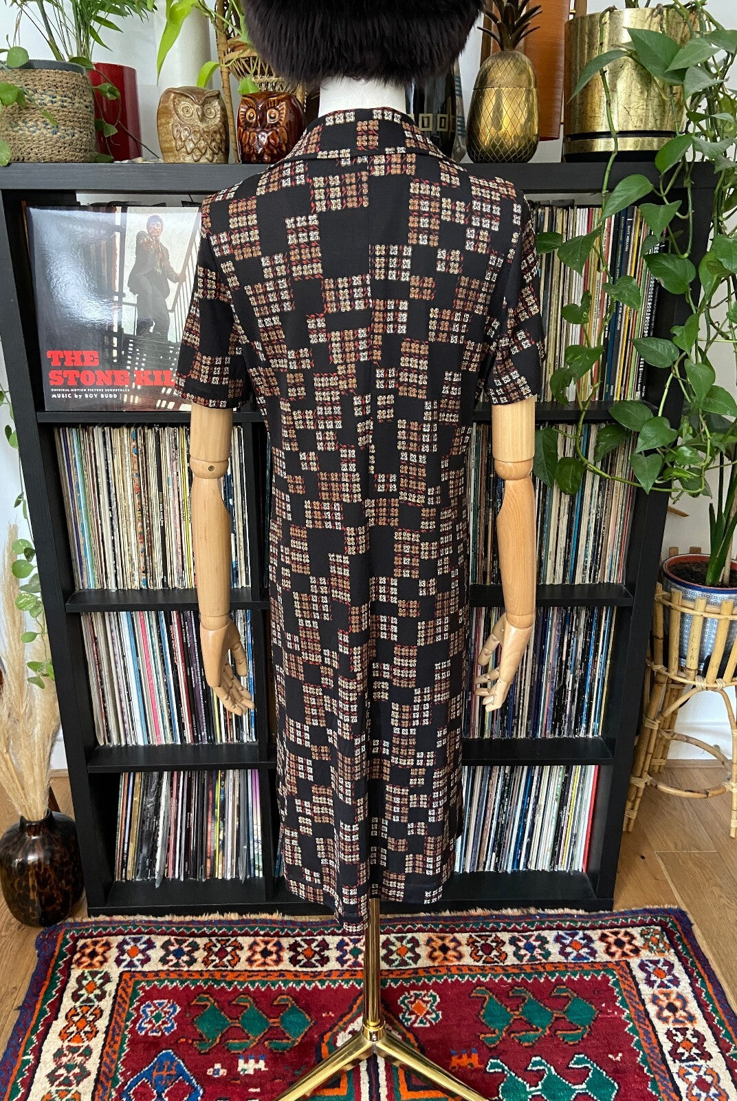 Vintage 1970s Black Printed Shirt Dress