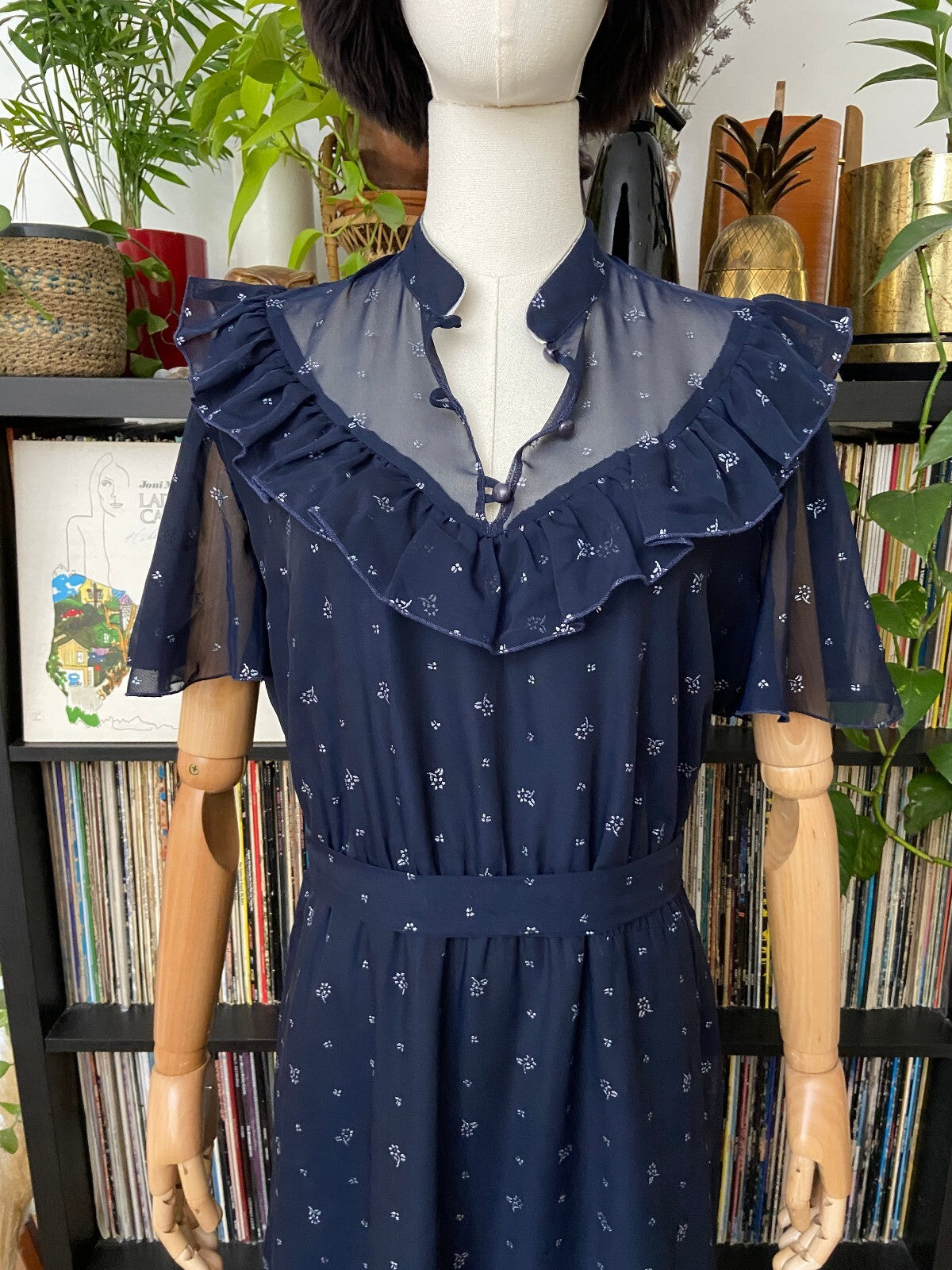 Vintage 1970s Navy & Silver Maxi Prairie Dress