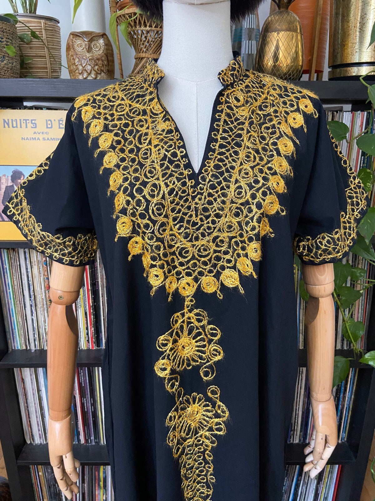 Vintage 1970s Black & Gold Embroidered Kaftan