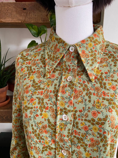 Vintage 1970s Green Floral Dagger Collar Shirt