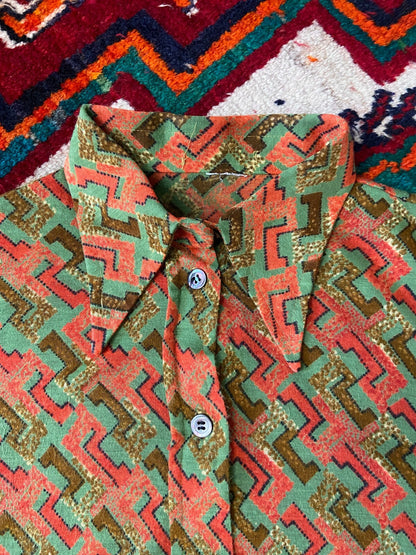 Vintage 1970s Green & Orange Print Dagger Collar Shirt