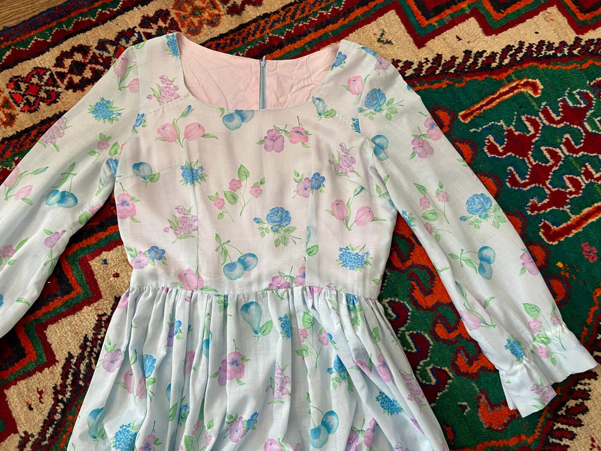 Vintage 1970s Pale Blue Romantic Floral Maxi Dress