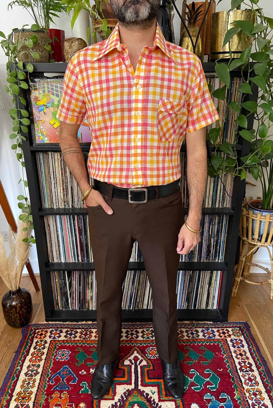 Vintage 1970s Pink & Yellow Deadstock Dagger Collar Shirt