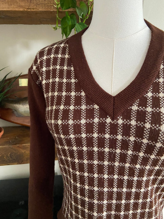 Vintage 1970s Brown V-Neck Jumper