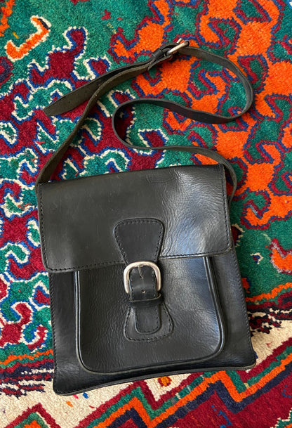 Vintage 1970s Black Leather Satchel Bag