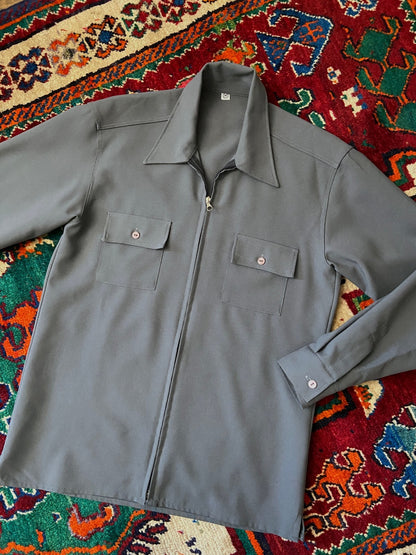 Vintage 1970s Grey Zip-Up Dagger Collar Shirt