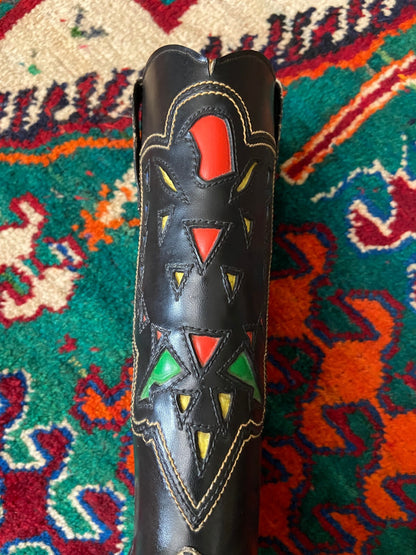 Vintage 1970s Black Colourful Inlay Cowboy Boots UK 7