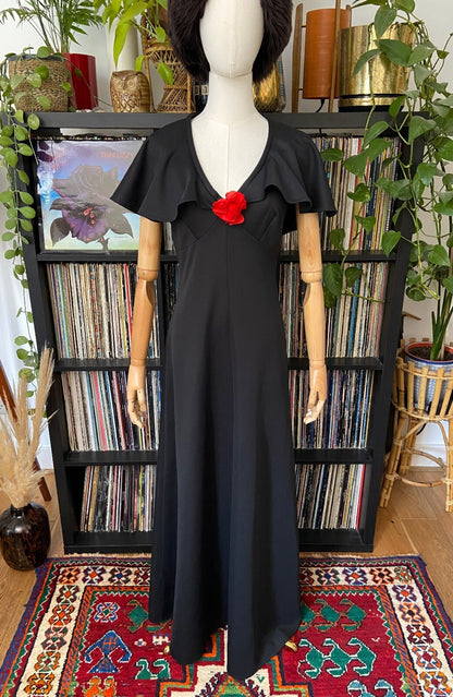 Vintage 1970s Black Flutter Cape Red Rose Maxi Dress