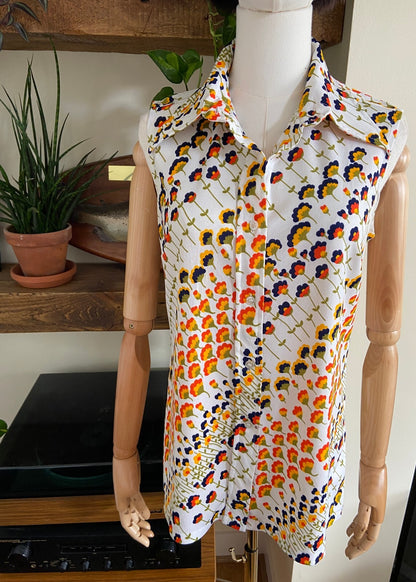 Vintage 1970s Retro Floral Sleeveless Shirt