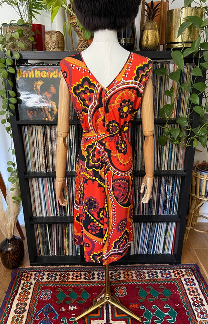 Vintage 1960s Red Psychedelic Sleeveless Dress