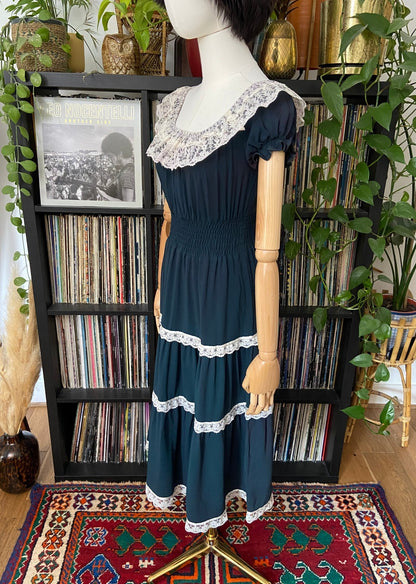Vintage 1970s Dark Green Lace Trim Prairie Dress