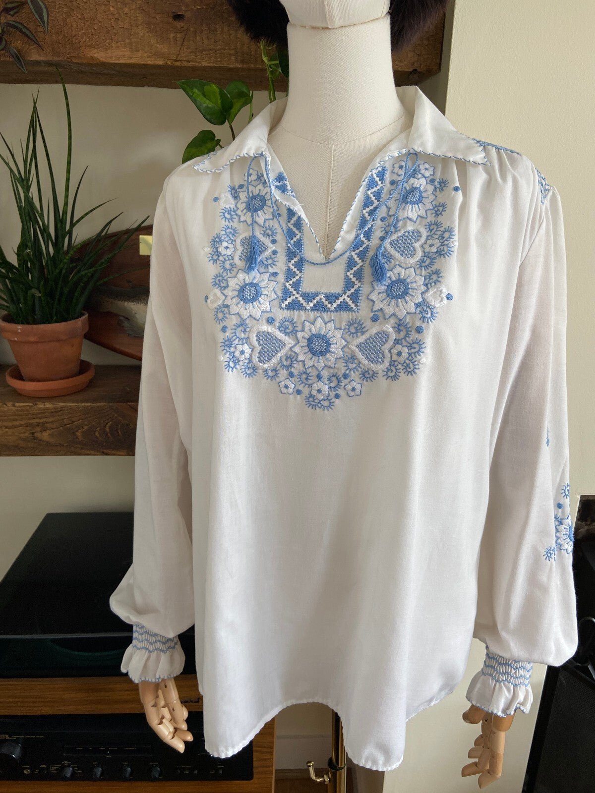 Vintage 1970s Blue Embroidered Penny Lane Blouse