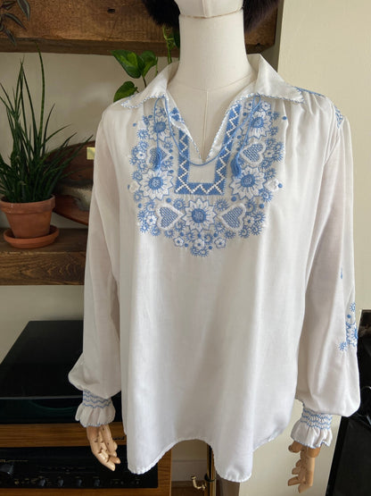 Vintage 1970s Blue Embroidered Penny Lane Blouse