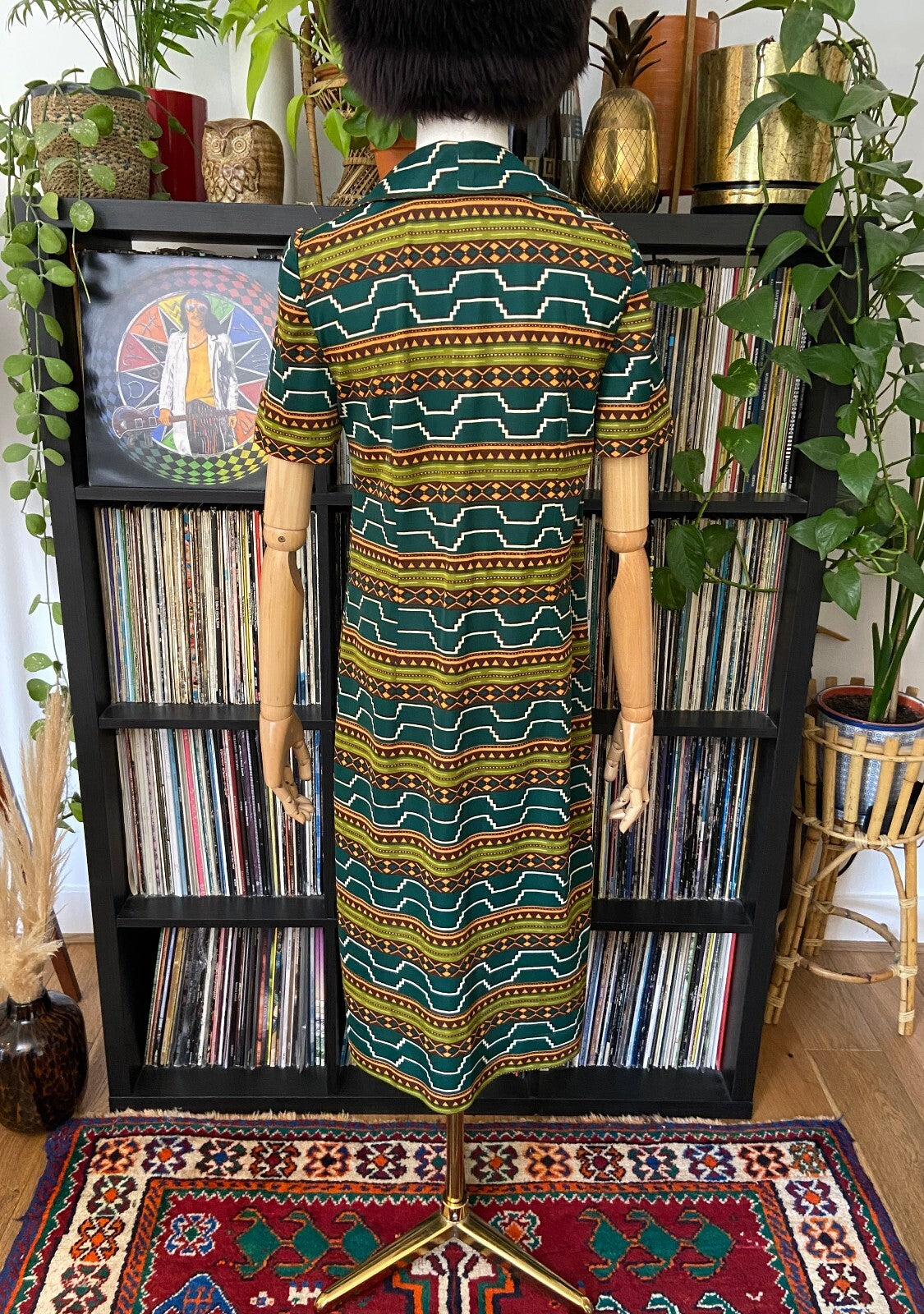 Vintage 1970s Green Geometric Print Shirt Dress