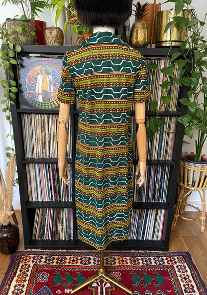 Vintage 1970s Green Geometric Print Shirt Dress