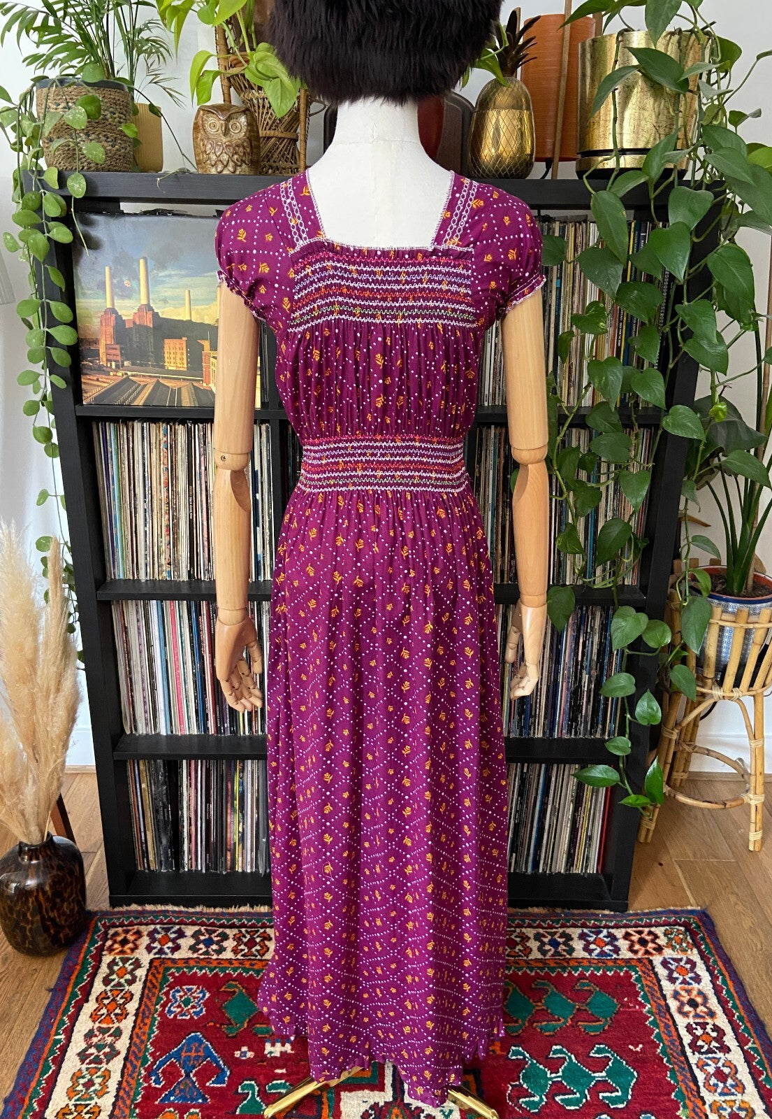Vintage 1970s Purple Print Peasant Dress