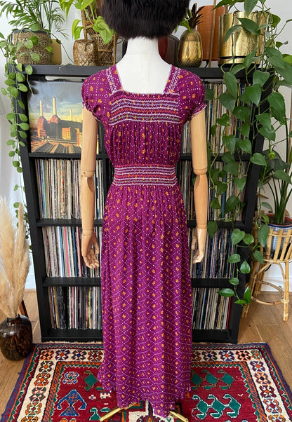 Vintage 1970s Purple Print Peasant Dress