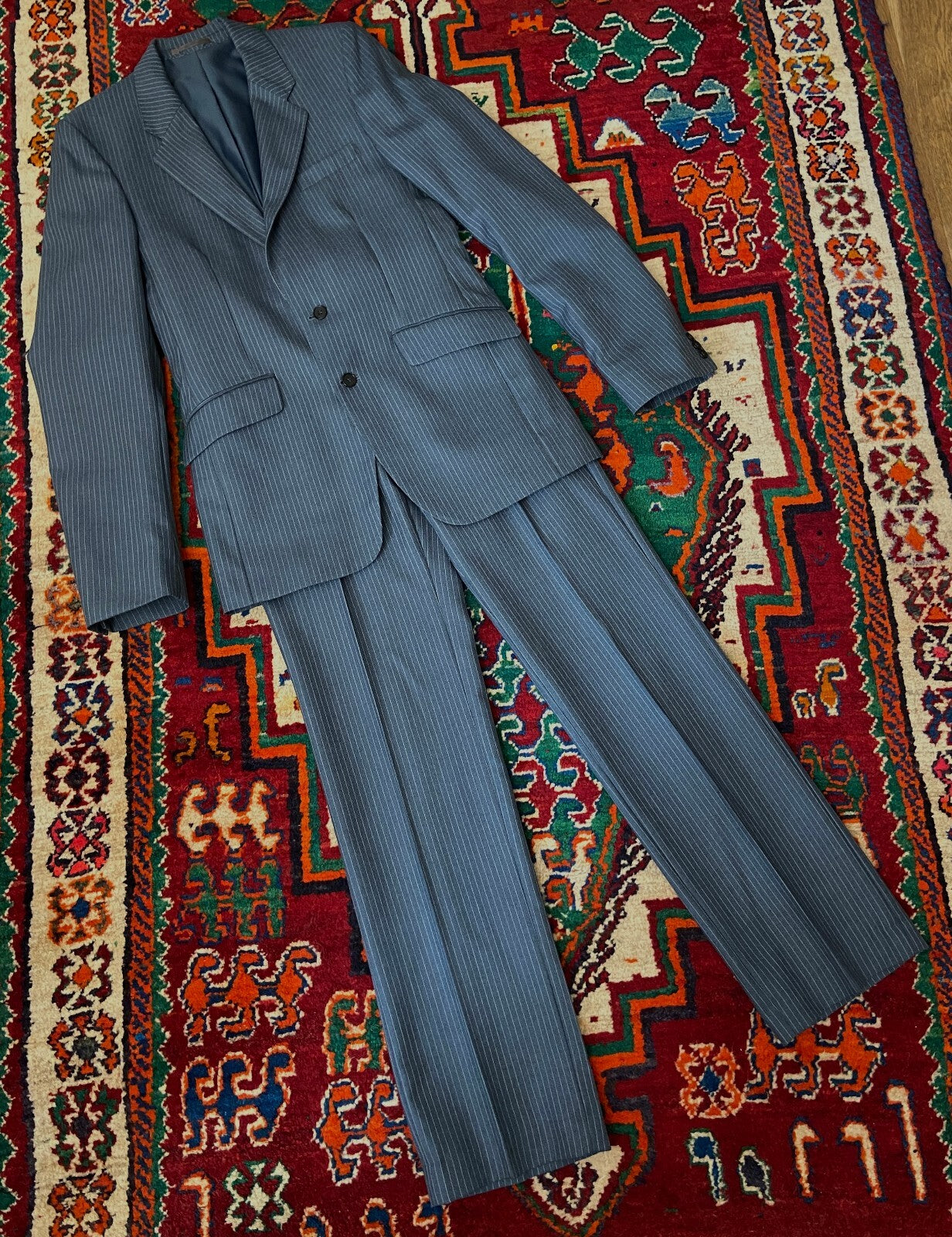 Vintage 1970s Dusty Blue 2 Piece Pinstripe Suit
