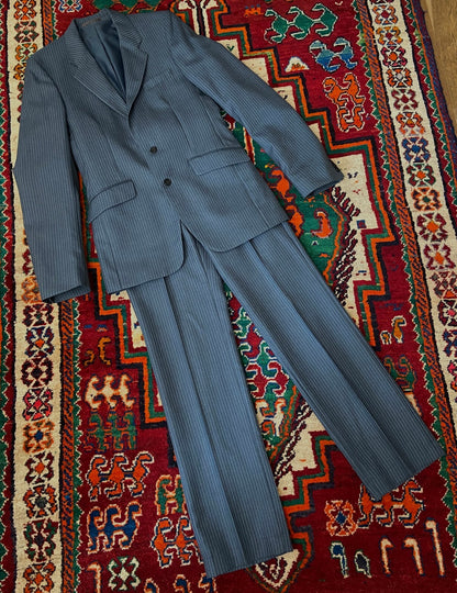 Vintage 1970s Dusty Blue 2 Piece Pinstripe Suit