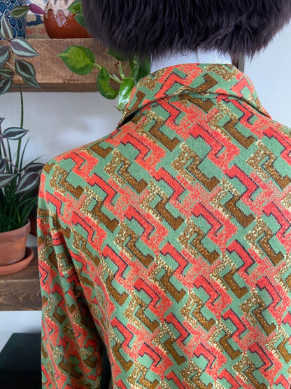 Vintage 1970s Green & Orange Print Dagger Collar Shirt