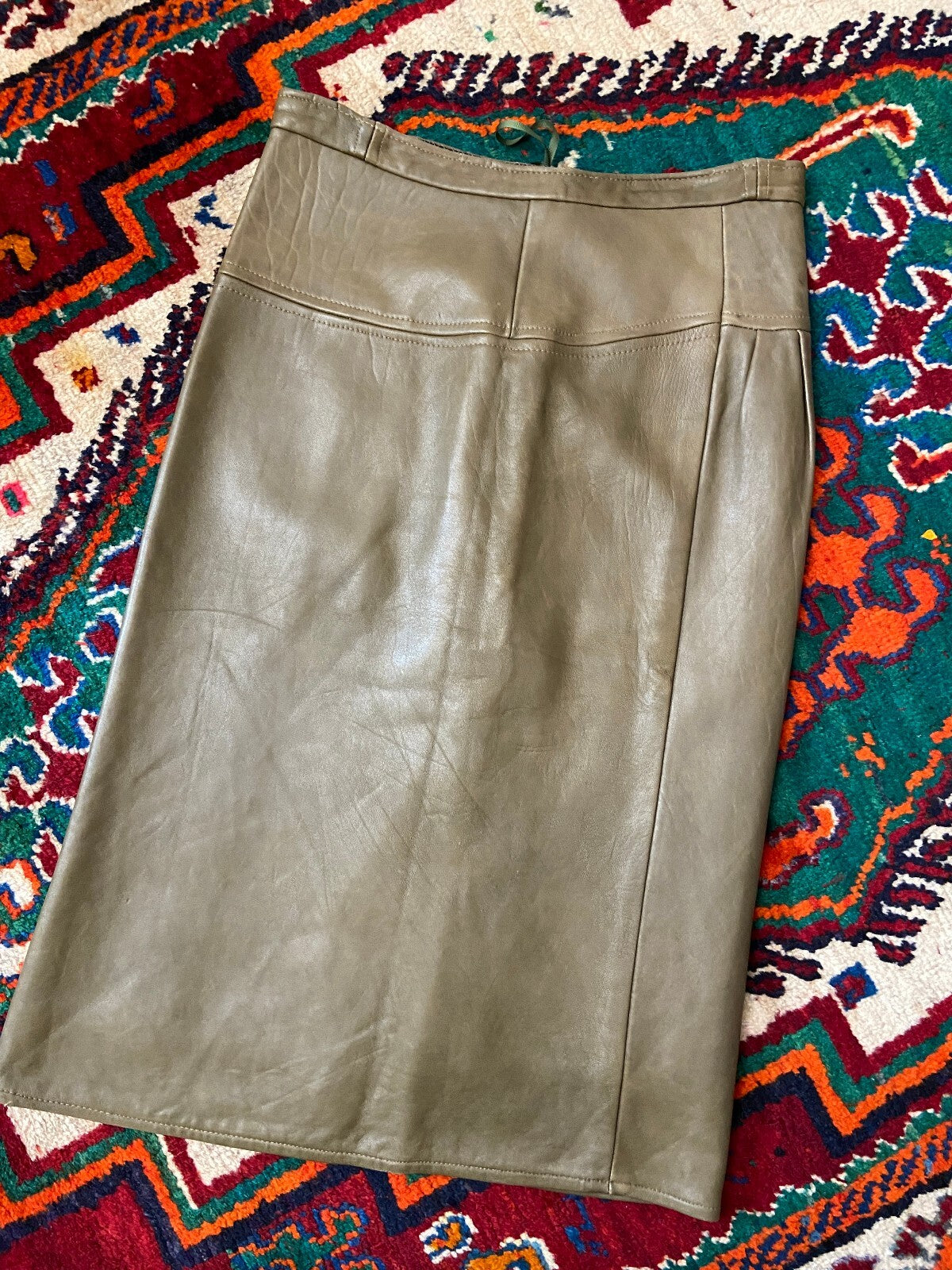 Vintage 1980s Olive Leather Lace Up Pencil Skirt
