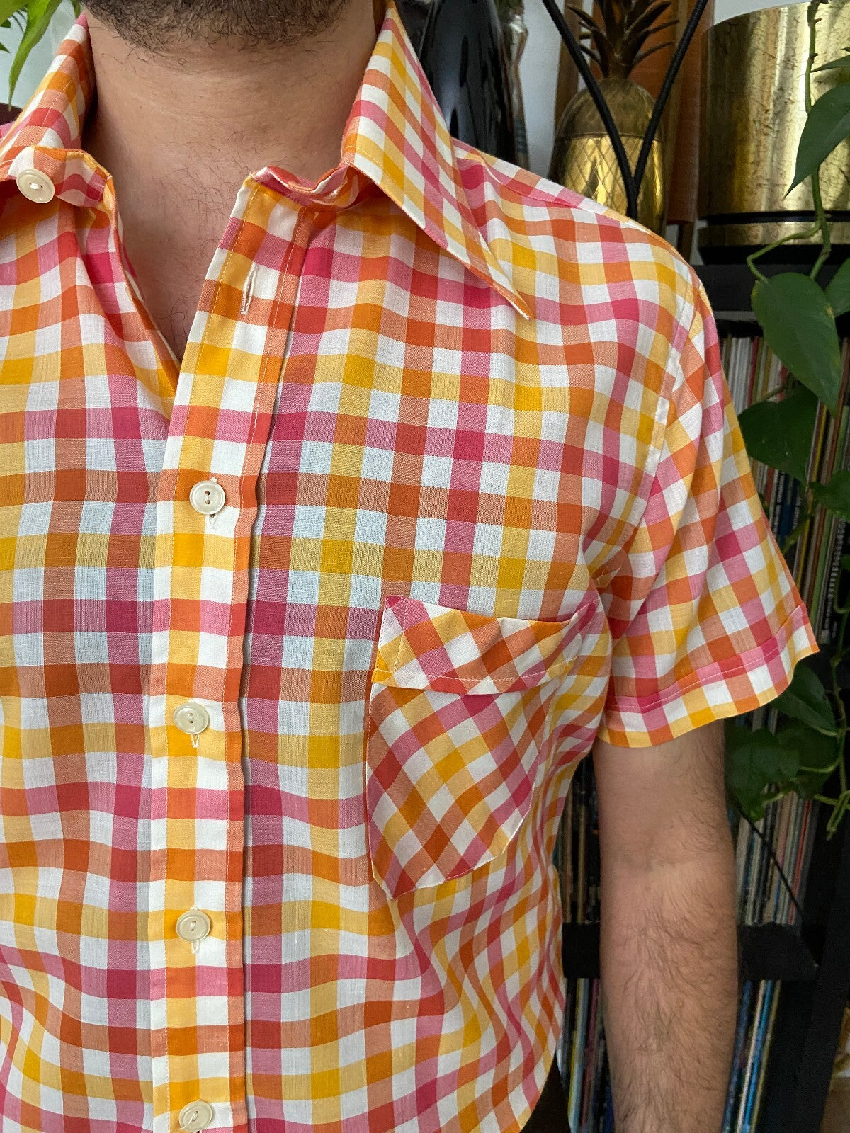 Vintage 1970s Pink & Yellow Deadstock Dagger Collar Shirt