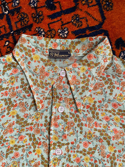 Vintage 1970s Green Floral Dagger Collar Shirt