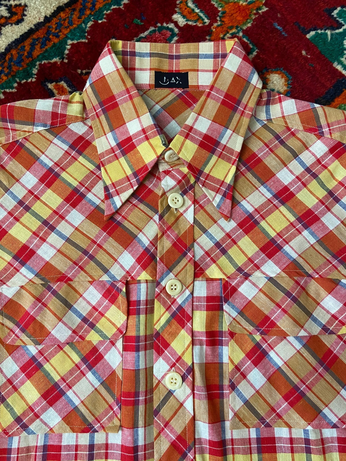 Vintage 1970s Deadstock Red & Yellow Dagger Collar Shirt