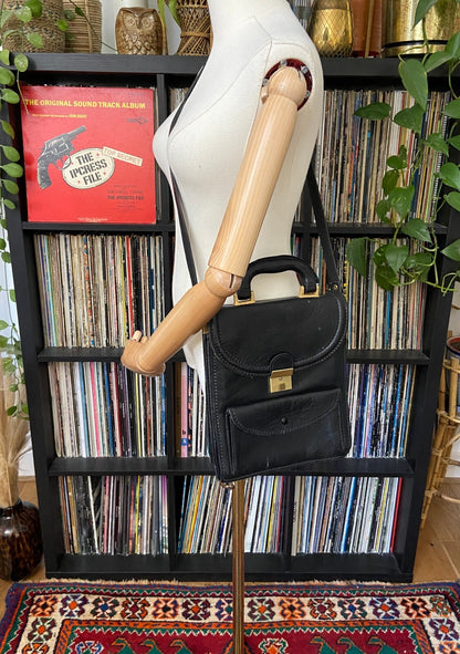 Vintage 1970s Black Leather Satchel Bag