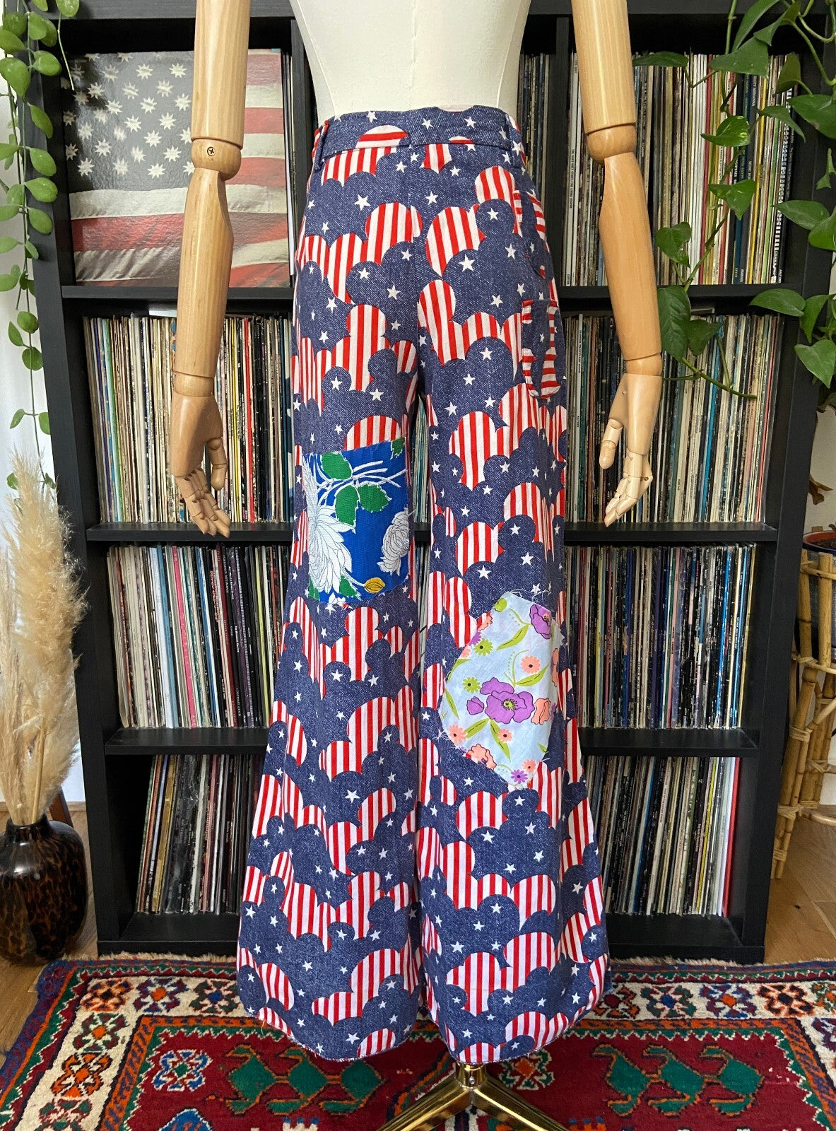 Vintage 1970s Stars & Stripes Patchwork Flared Bellbottom Trousers W30