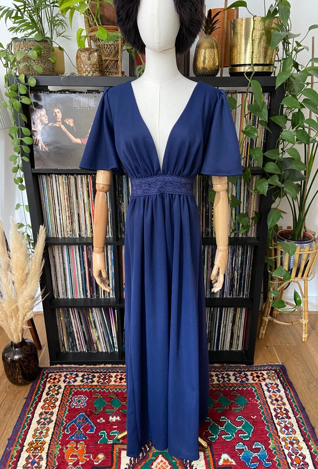 Vintage 1970s Navy Flutter Sleeve C&A Maxi Dress
