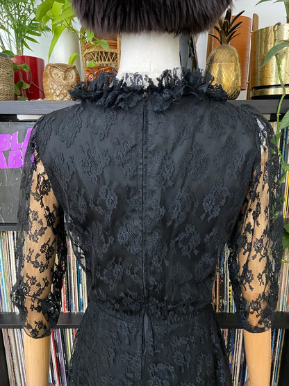 Vintage 1970s Black Lace Gothic Victorian Dress
